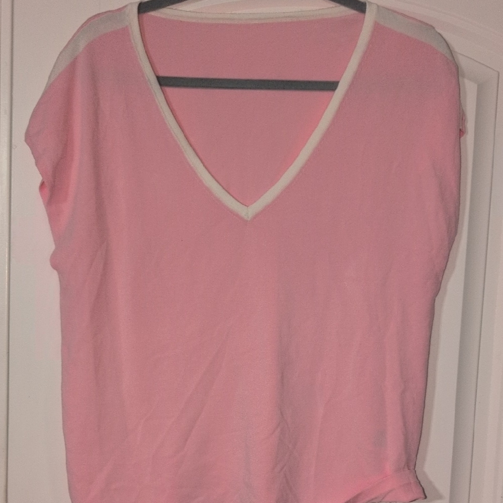 Unk Pink and White V-Neck Women's Tee